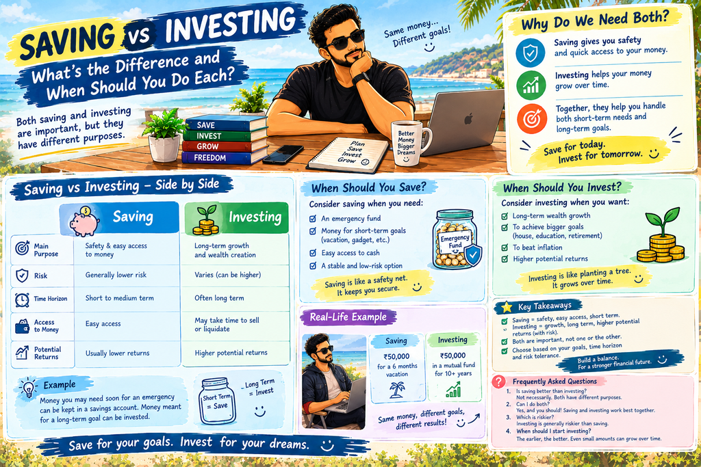 “Saving vs investing infographic showing a young man at a beachside desk, comparing saving for short-term security with investing for long-term growth, including differences in risk, time horizon, access to money, potential returns, and when to use each.”